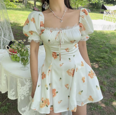 Pastoral style printed puff sleeve lace patchwork A-line skirt