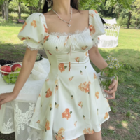 Pastoral style printed puff sleeve lace patchwork A-line skirt - Thumbnail 1