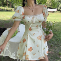 Pastoral style printed puff sleeve lace patchwork A-line skirt - Thumbnail 5