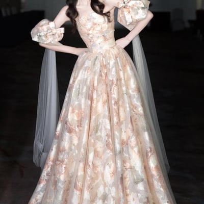 Champagne tulle floral long a-line prom party dress - Thumbnail 1