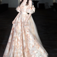 Champagne Tulle Floral Long A-Line Prom Party Dress - Thumbnail 1