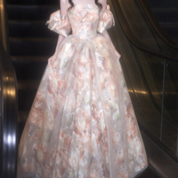 Champagne Tulle Floral Long A-Line Prom Party Dress - Thumbnail 2