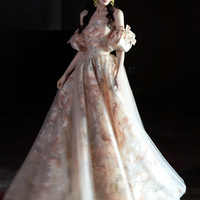 Champagne Tulle Floral Long A-Line Prom Party Dress - Thumbnail 3