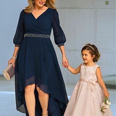 Navy blue a line 3/4 long sleeve chiffon hi-lo mother of bride/groom dress evening formal gown