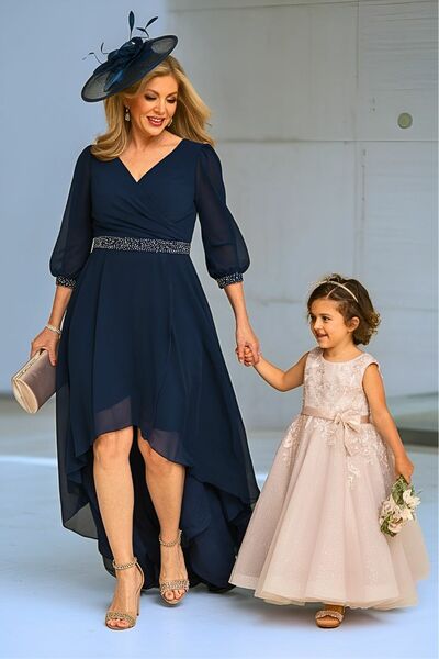 Navy Blue A Line 3/4 Long Sleeve Chiffon Hi-lo Mother of Bride/Groom Dress Evening Formal Gown