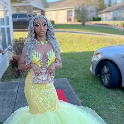 Yellow mermaid prom dresses for african women sequins birthday party dress evening formal dress