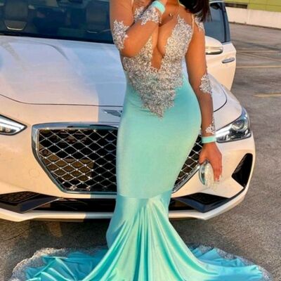 Blue mermaid prom dresses for african women lace appliques birthday party dress evening formal dress