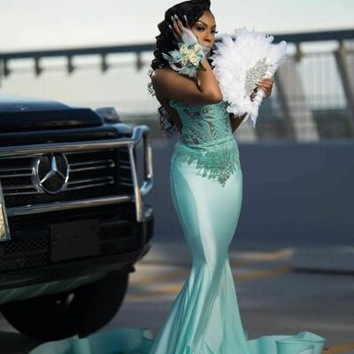 Blue mermaid prom dresses for african women lace appliques birthday party dress evening formal dress