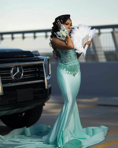 Blue Mermaid Prom Dresses for African Women Lace Appliques Birthday Party Dress Evening Formal Dress