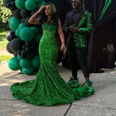 Green mermaid prom dresses for african women sequins lace birthday party dress evening formal dress