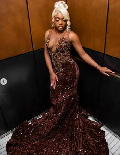 Brown Mermaid Prom Dresses for African Women Sequins Beading Crystals Birthday Party Dress Evening Formal Dress