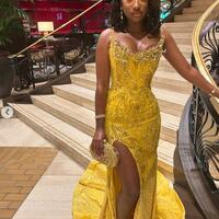 Yellow Mermaid Prom Dresses for African Women Beading Crystals Birthday Party Dress Evening Formal Dress - Thumbnail 1