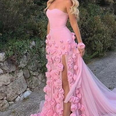 Pink sheath prom dresses for 3d hanadmade flowers side slit birthday party dress evening formal dress