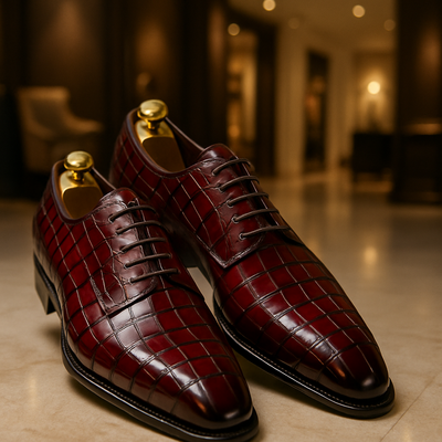 Top trending mens handmade burgundy alligator skin lace up wedding shoes