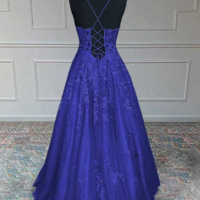 A-Line Royal Blue Floral Lace Appliques V-Neck Prom Dresses - Thumbnail 1