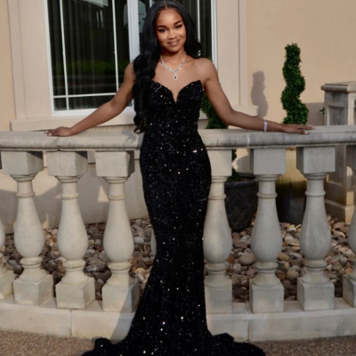 Glitter mermaid black sequin prom dress long evening gowns 