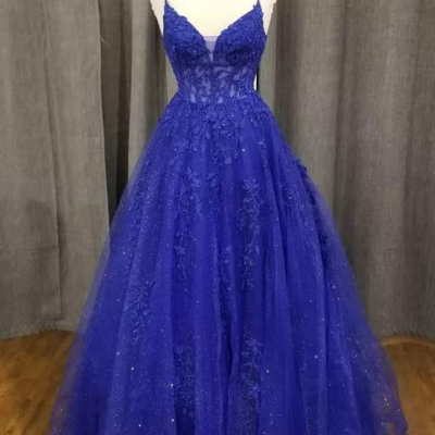 A-line royal blue floral lace appliques v-neck prom dresses