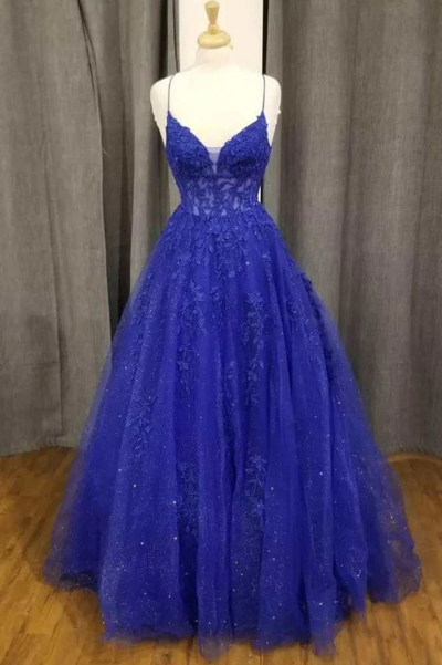 A-Line Royal Blue Floral Lace Appliques V-Neck Prom Dresses