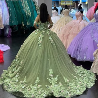 Luxury Princess Ball Gown Green Quinceanera Dresses Off Shoulder 3D Flowers Appliques  - Thumbnail 1