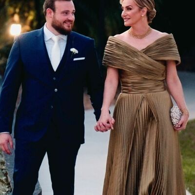 Elegant a line off the shoulder pleat mother of bride/groom dress evening formal gown