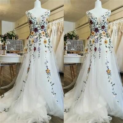 Floral wedding dress, appliques tulle wedding dress bridal gown