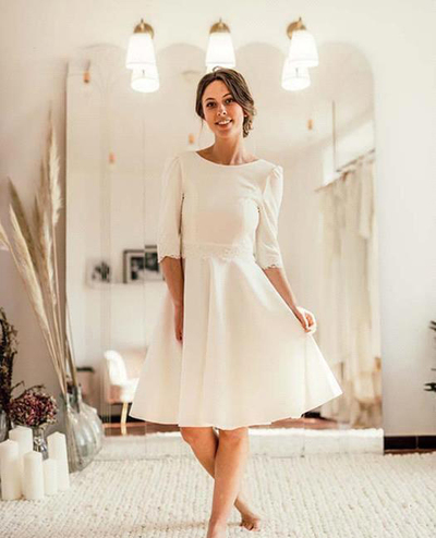 Boho Lace Satin Wedding Dresses Jewel Neck Half Sleeves Bridal Dresses Beach Wedding Gowns Tea Length,1928