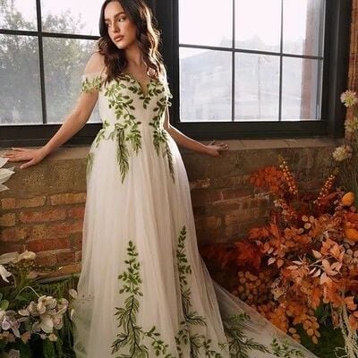 Sexy wedding dress, green leaf wedding dress bridal gown