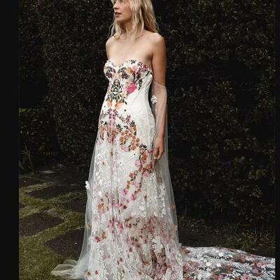 Floral wedding dress, appliques tulle wedding dress bridal gown