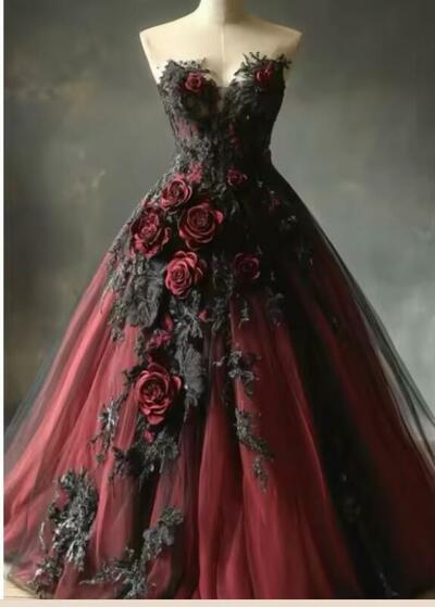 Gothic Burgundy and Black Wedding Dress, 3D Flowers Floral Wedding Dress Bridal Gown