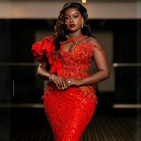 African Plus Size Aso Ebi Prom Dresses for African Women Evening Dresses Mermaid Beaded Lace Rhinestones Beaded Formal Gala Gowns for Birthday - Thumbnail 1