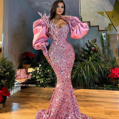 Luxury pink prom dresses for black women evening formal gowns long sleeves evening dresses elegant velvet lace mirror sequins decorated
