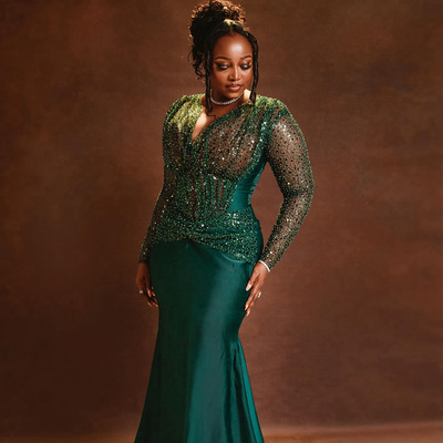 Prom dresses for afrcian women hunter green evening dresses elegant promdress v neck long sleeves sequined lace birthday