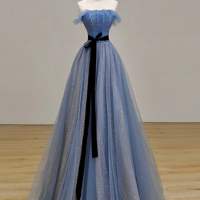 Blue strapless a-line tulle long prom party dress,1125