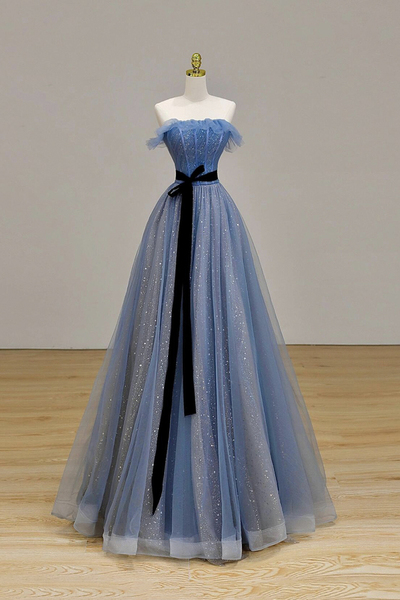 Blue Strapless A-Line Tulle Long Prom Party Dress,1125