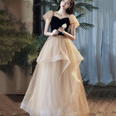 Cute velvet tulle short prom dress, a-line short sleeve evening dress,1126