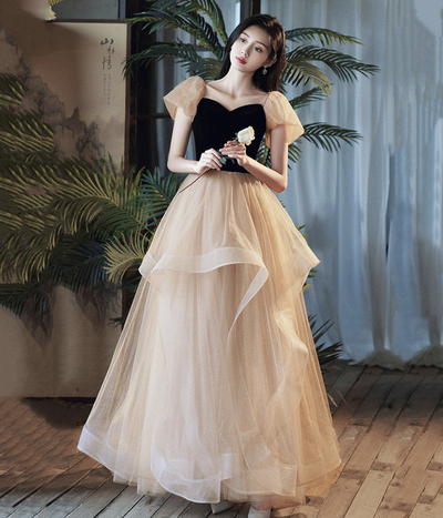 Cute Velvet Tulle Short Prom Dress, A-Line Short Sleeve Evening Dress,1126