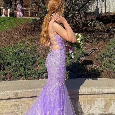 Lavender applique mermaid prom dress with cross back,1128