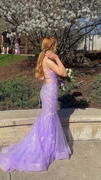 Lavender Applique Mermaid Prom Dress With Cross Back,1128