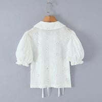 Retro doll collar bow tie hollow embroidery short-sleeved puff sleeve white top - Thumbnail 6