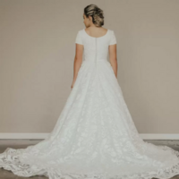 Vintage Lace A-line Long Modest Wedding Dress With Short Sleeves Scoop Neck Buttons Back Simple Elegant Country Wedding Gowns,1932 - Thumbnail 1