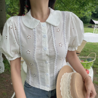 Retro doll collar bow tie hollow embroidery short-sleeved puff sleeve white top - Thumbnail 2