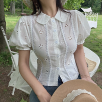 Retro doll collar bow tie hollow embroidery short-sleeved puff sleeve white top - Thumbnail 3