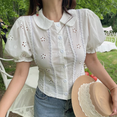 Retro doll collar bow tie hollow embroidery short-sleeved puff sleeve white top