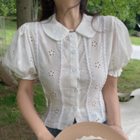 Retro doll collar bow tie hollow embroidery short-sleeved puff sleeve white top - Thumbnail 1