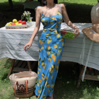 Fashion French lemon print bias cut long suspender skirt - Thumbnail 1