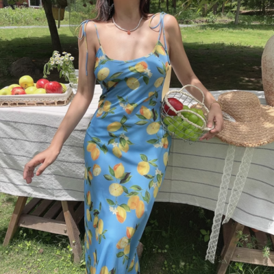 Fashion french lemon print bias cut long suspender skirt