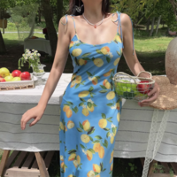 Fashion French lemon print bias cut long suspender skirt - Thumbnail 5