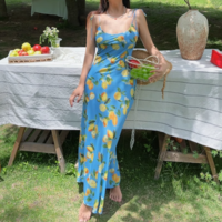 Fashion French lemon print bias cut long suspender skirt - Thumbnail 6