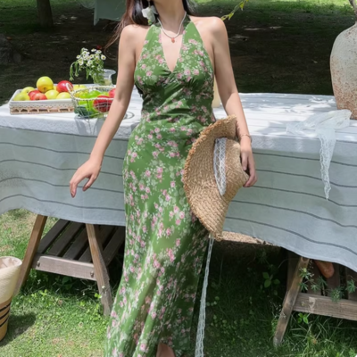 Holiday style strappy halter neck sexy low-cut green bottom floral dress
