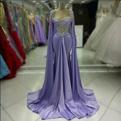 Lavender elegant evening dresses sheer neck mermaid elastic satin crystals prom dresses for special occasions promdress second reception gown